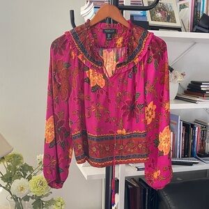 Rachel Zoe Tropical Tapestry Long Sleeve Ruffle Top M